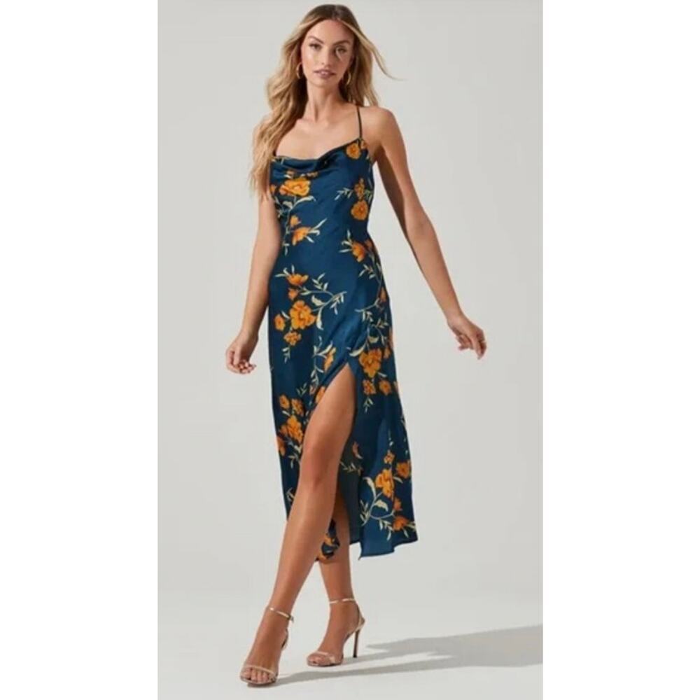 ASTR The Label Floral Satin Slip Midi Dress Navy Orange XS NWOT